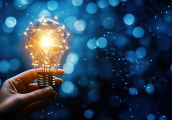 A hand gently holds a glowing lightbulb, its filament a network of interconnected lines, set against a bokeh backdrop of deep blue and sparkling lights. : Generative AI