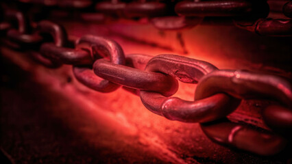 Fiery heavy metal chain ignited in dark studio capturing intense glow and dramatic contrast