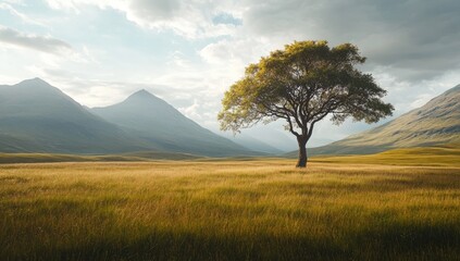 Solitary tree in a golden field, framed by majestic mountains.  Soft light bathes the landscape