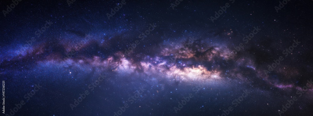 Poster a breathtaking panoramic view of the milky way galaxy, showcasing its vibrant colors and cosmic dust