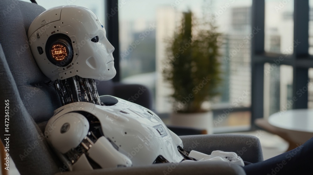 Aufkleber humanoid robot sits in a modern armchair, gazing out a panoramic window at a city skyline; futuristi