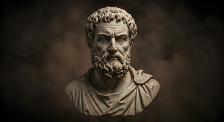 Naklejka premium Bust of Bearded Man Carved in White Stone Against Dark Brown Gradient Background