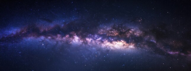 Naklejka premium A breathtaking panoramic view of the Milky Way galaxy, showcasing its vibrant colors and cosmic dust clouds against a backdrop of countless stars. : Generative AI