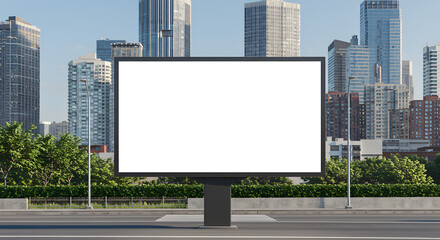 Fototapeta premium Blank City Billboard Mockup on Urban Street with Skyscrapers.