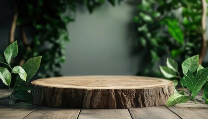 Circular wood slice on wooden table with green leaves and blurred foliage.