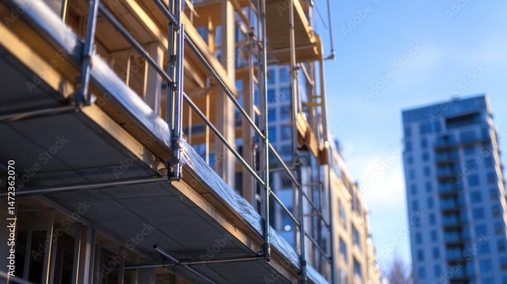 Aufkleber close-up view of scaffolding on a modern building under construction, with a blurred city backdrop o