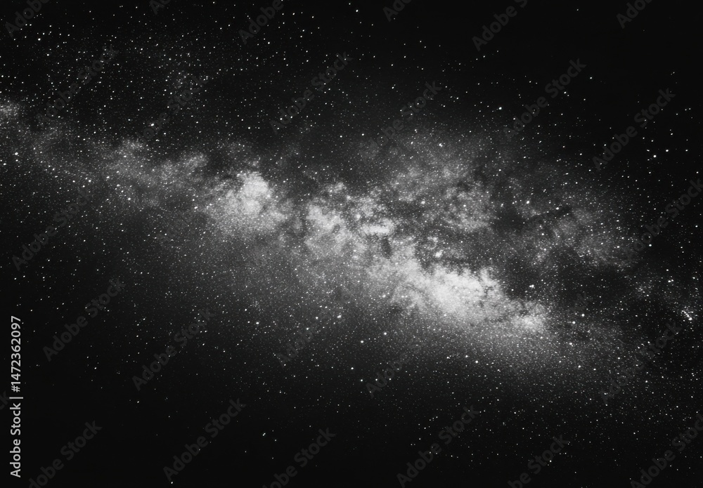 Poster a mesmerizing monochrome depiction of the milky way galaxy, showcasing a dense concentration of star