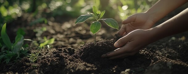 Fototapeta premium A child's hands gently plant a young seedling in rich dark soil, sunlight illuminating the scene, showcasing environmental care and growth. : Generative AI