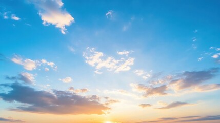 Fototapeta premium Serene sunset sky with pastel clouds and a warm golden horizon, perfect for tranquil background imagery. : Generative AI