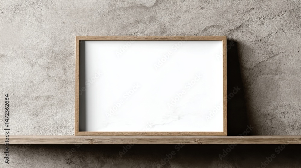 Fototapete Empty wooden frame on a rustic shelf against a textured concrete wall, offering a minimalist and modern aesthetic for design projects. : Generative AI