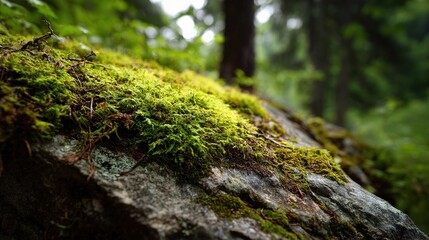 Naklejka premium Fresh Green Moss Covers Rock in Peaceful Natural Setting