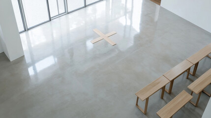 Obraz premium Minimalist interior design featuring light grey polished concrete floor, simple wooden benches, and a central wooden cross-shaped element. : Generative AI