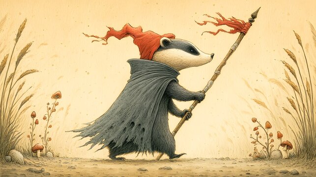 Whimsical Badger Character in Cloak and Hat Walking with Staff Through Fantasy Landscape