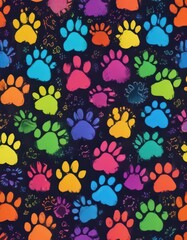 Vibrant rainbow paw prints, doodle style seamless pattern,  graphic,  wallpaper