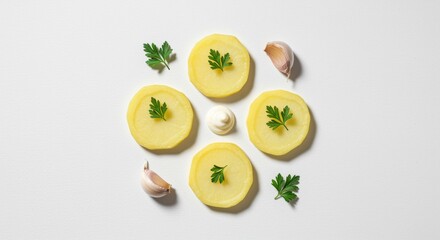 Boiled sliced potatoes with garlic peppercorns and dill arranged on white background with sour cream