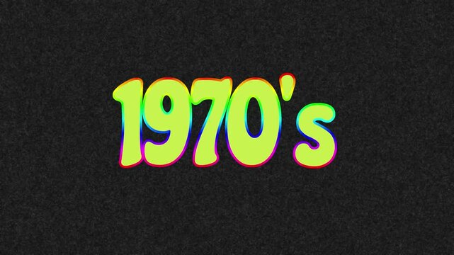 1970's text with many colors and random flashing on black background with noise