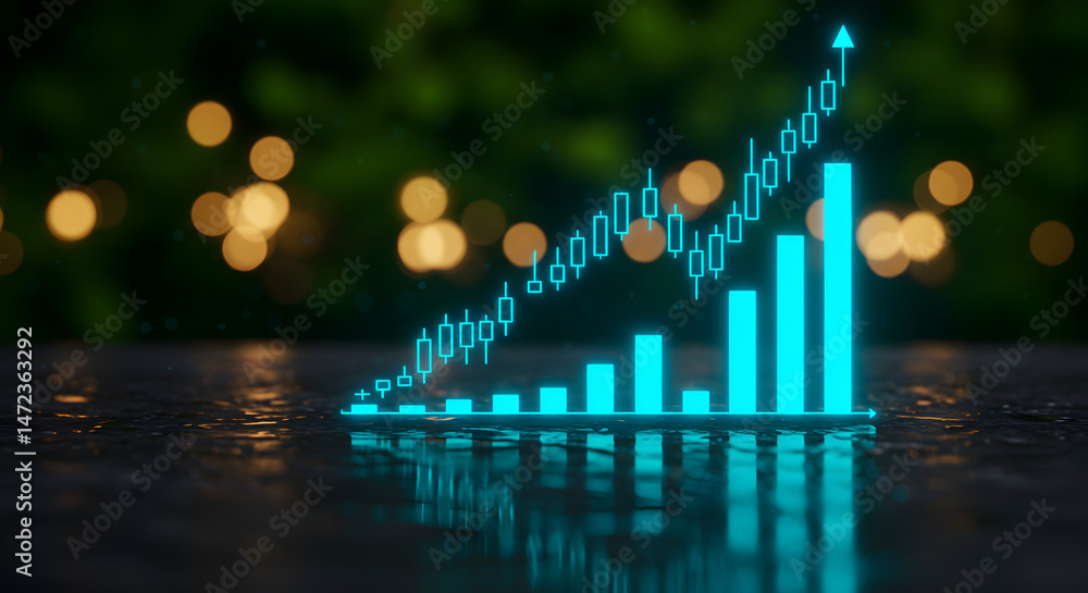 Aufkleber cyan stock market chart with candlestick pattern glowing over stone texture with golden bokeh backgr