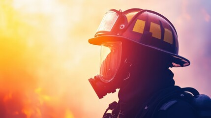 Heroic firefighter silhouette against fiery background
