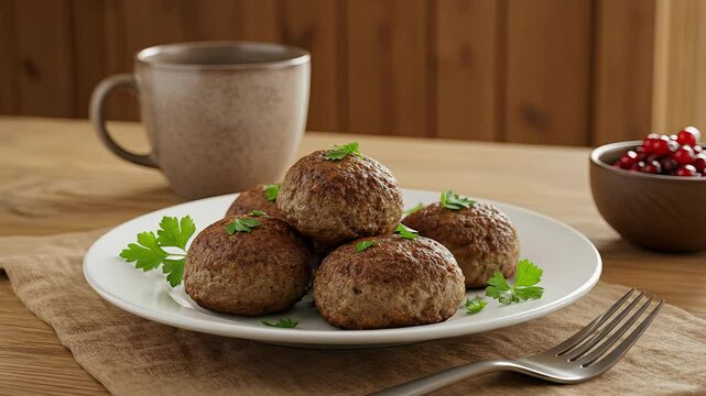 Plate of delicious meatballs served in a rustic indoor setting