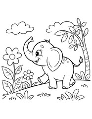 Majestic elephants  in a Blooming Flower Field Coloring Page, Black Vector Illustration
