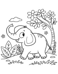 Majestic elephants in a Blooming Flower Field Coloring Page, Black Vector Illustration