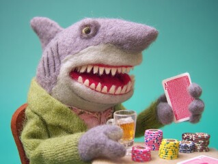 Felt Shark with an Ace: A whimsical scene of a felt shark character at a poker table.