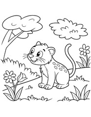 Majestic panthers in a Blooming Flower Field Coloring Page, Black Vector Illustration 2