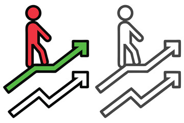 A red stick figure walks confidently on a rising green arrow graph beside a grey one