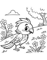 Majestic phoenixes in a Blooming Flower Field Coloring Page, Black Vector Illustration