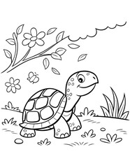 Majestic turtles in a Blooming Flower Field Coloring Page, Black Vector Illustration