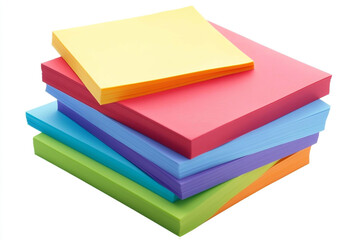 Colorful sticky notes of various sizes stacked on a white background