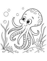 Smiling octopuses in an Underwater Scene Coloring Page, Black Vector Illustration.
