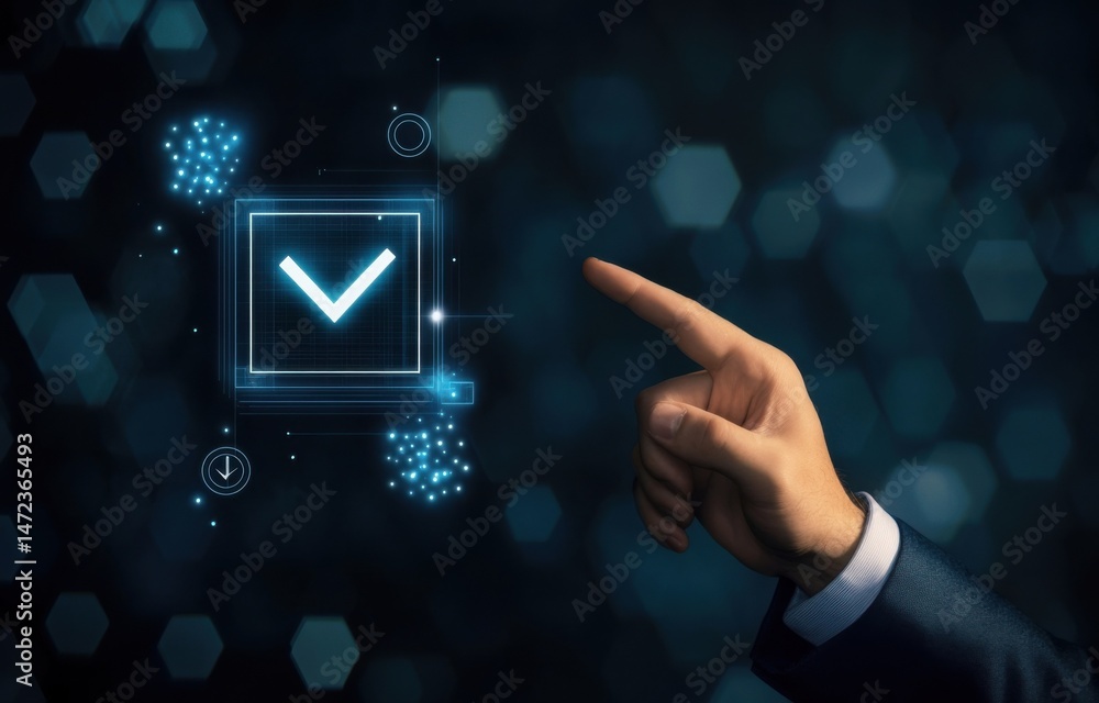Poster A businessman's hand points at a glowing digital checkmark interface, symbolizing successful completion or approval of a task or project, set against a dark blue bokeh background. : Generative AI