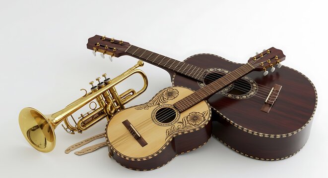 Musical Instruments: Guitar, Requinto, and Trumpet Still Life