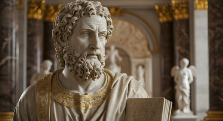 Obraz premium Detailed Marble Statue of Bearded Man Holding Book in a Museum With Golden Architectural Details and Classic Design