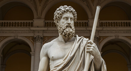 Obraz premium Detailed Marble Sculpture of a Bearded Man Holding a Staff with Arched Building Background