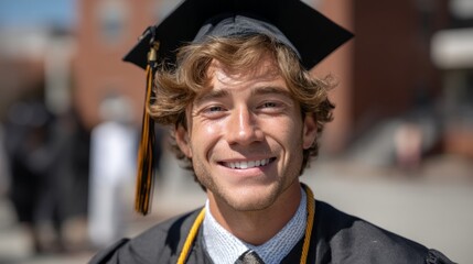 Fototapeta premium A young male graduate is smiling brightly, wearing a cap and gown amidst a group of graduates. The sunny day highlights his joy on this significant milestone in his academic journey