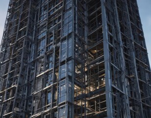 High-rise building construction time lapse, showcasing steel framework and glass facade,  urban landscape,  contemporary