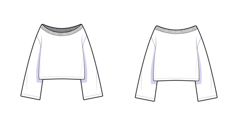 Women's Ribbed Boat Neck Sweatshirt-Front and Back View- Fashion Template - Flat Vector Illustration- CAD Mock-up