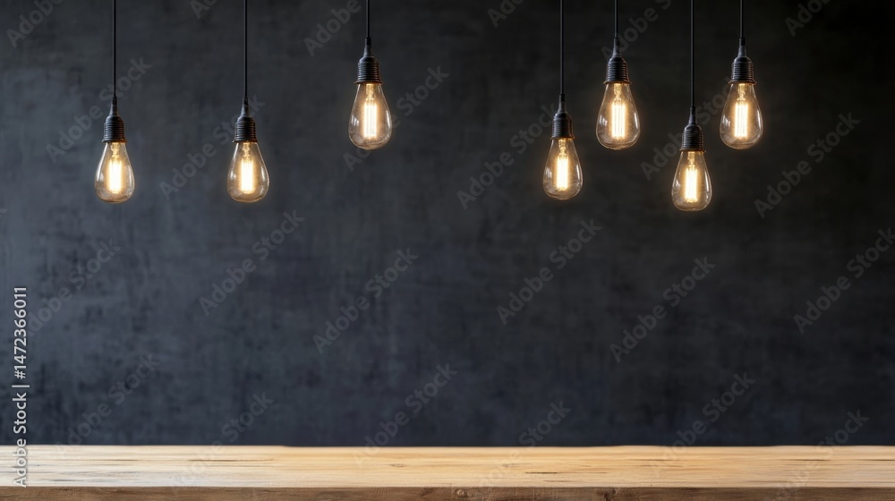 Aufkleber Six vintage Edison light bulbs hang above a rustic wooden table against a dark textured wall, creating a warm and inviting atmosphere. : Generative AI