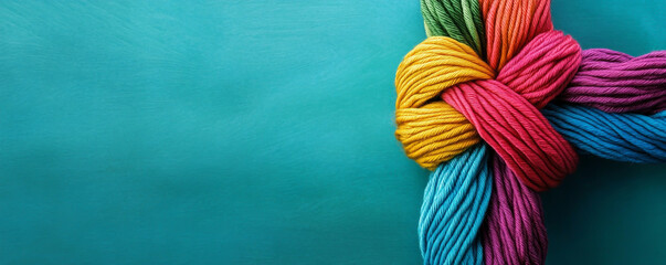 Colorful thread unity knot on blue background