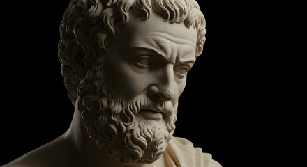 Detailed Stone Bust Of a Bearded Man With Textured Finish on a Black Backdrop in Soft Studio Lighting
