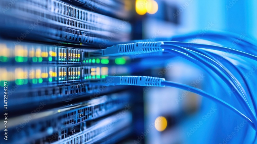Poster Close-up view of fiber optic cables connected to a server rack, showcasing the intricate network infrastructure and data transfer technology. : Generative AI