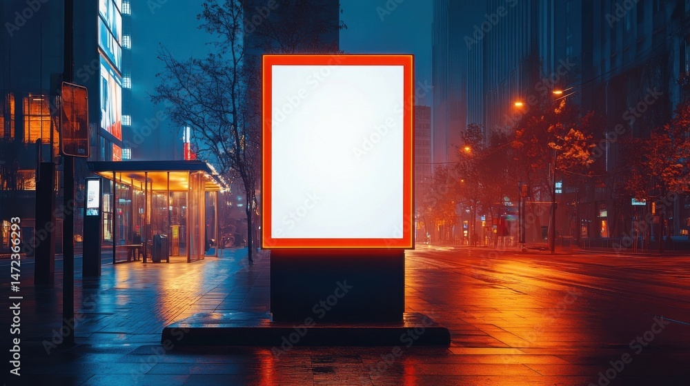 Poster blank billboard advertisement on a city street at night, illuminated by orange streetlights reflecti