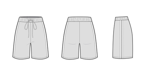 Side Stripe Shorts Knee Length-Active Wear- Front View, Back View and Side View- Flat Vector Illustration- Fashion Template- CAD Mock-up 
