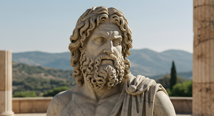 Detailed White Marble Bust of Bearded Man with Curly Hair and Classical Draped Clothing Against Mountain Background in Bright Sunlight