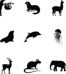 A vector illustration features a black silhouette set of wild and farm animals vector art with a white background
