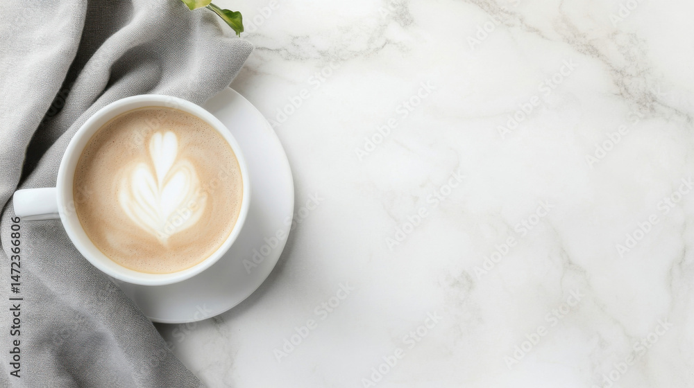 Aufkleber Aromatic latte art in a white cup rests on a gray linen napkin atop a marble surface, offering a serene and minimalist coffee break scene. : Generative AI