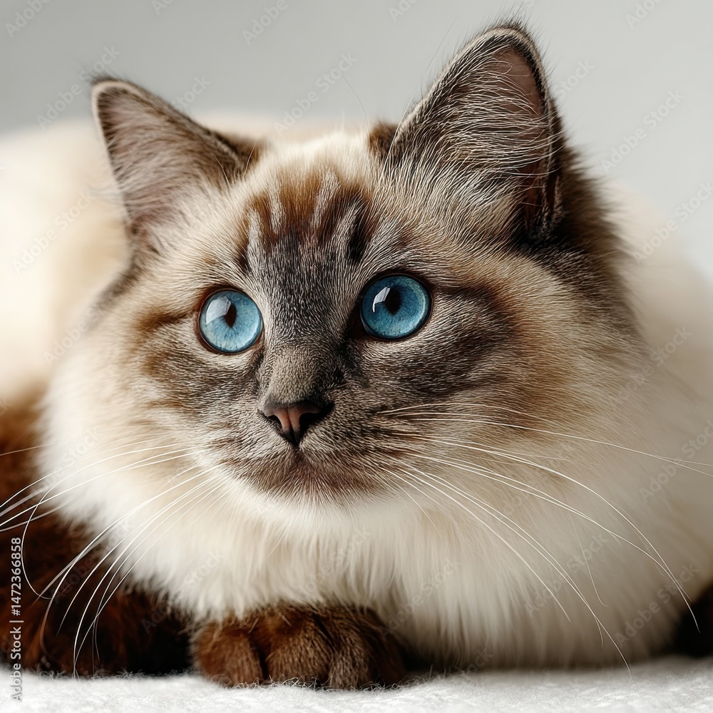 Poster close-up portrait of a beautiful ragdoll cat with striking blue eyes, lying down on a white surface,