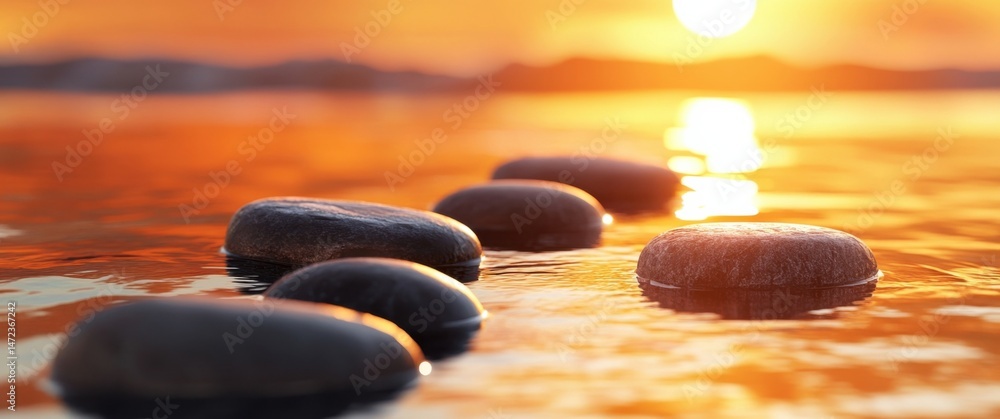 Poster serene sunset scene featuring smooth, dark grey stones floating gently on calm orange water, creatin